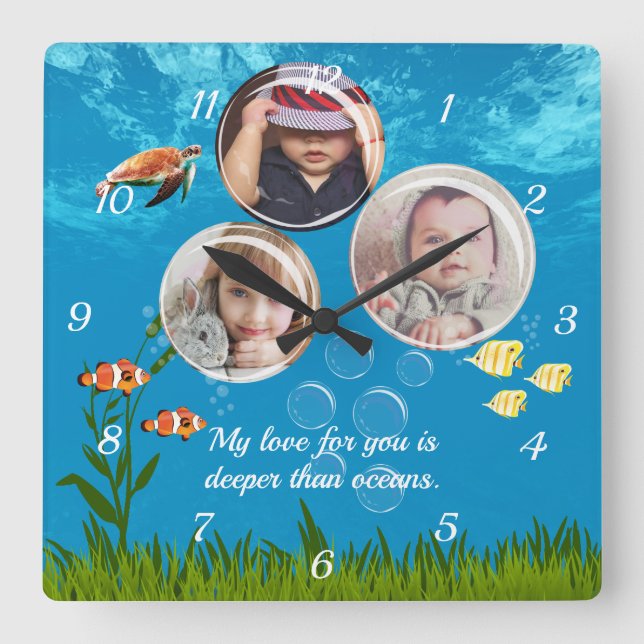 Ocean aquatic wildlife personalized three photo  square wall clock (Front)