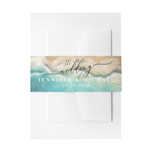 Ocean Beach Blue Watercolor Elegant Script Invitation Belly Band (Front Example)