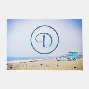 Ocean beach coastal photo bold modern monogram doormat