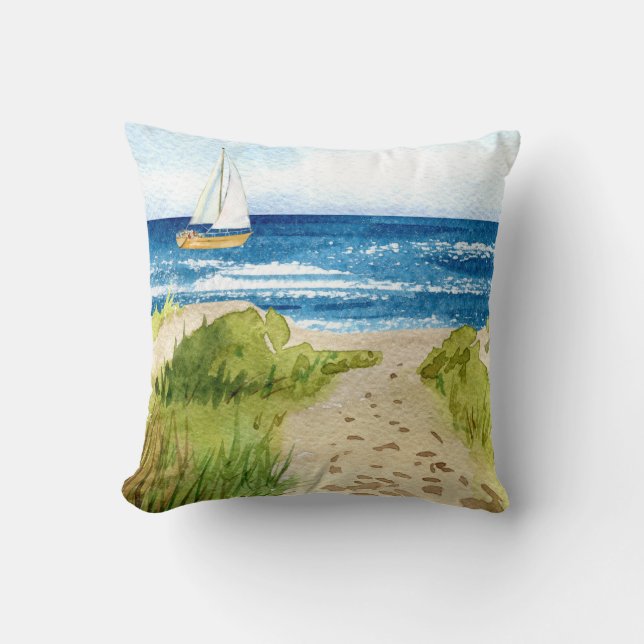 Ocean Beach Coastal  Sailboat Shore Line Throw Pillow (Front)