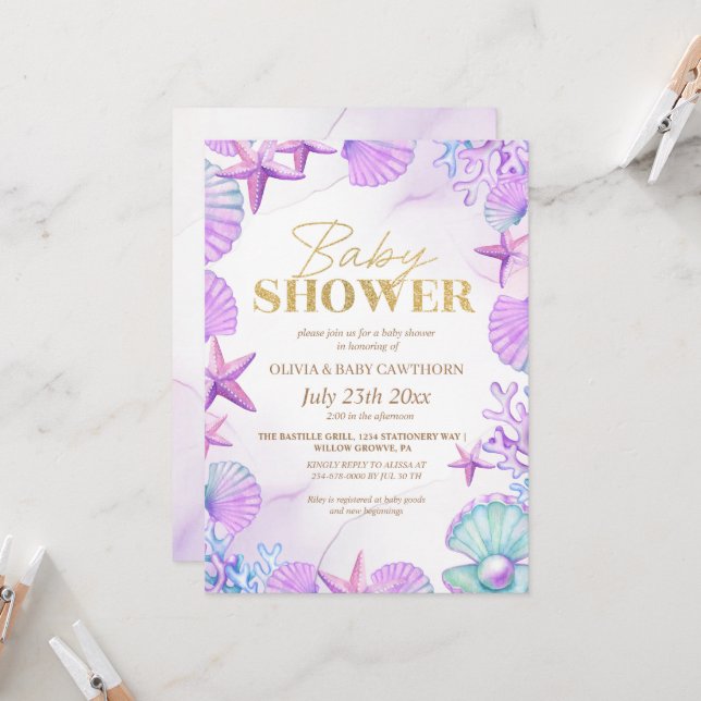 Ocean Beach Coral Blue Gold Baby Girl Shower Invitation (Front/Back In Situ)