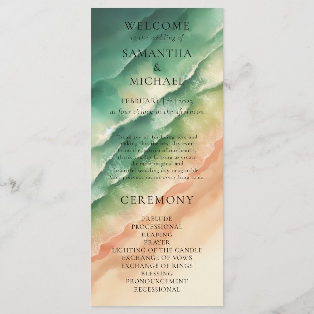Ocean Beach Earthtone Watercolor Sun Wedding Menu (Front)