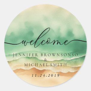 Ocean Beach Green Signature Boho Welcome Wedding Classic Round Sticker