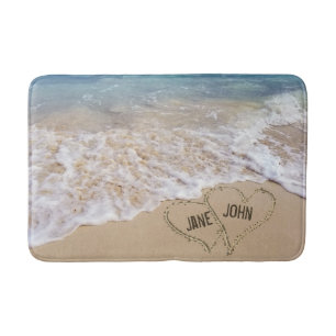 Ocean beach hearts with names bath mat
