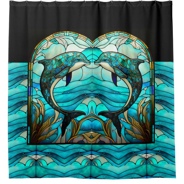 Ocean Beach House Blue Dolphin Faux Stained Glass (Front)
