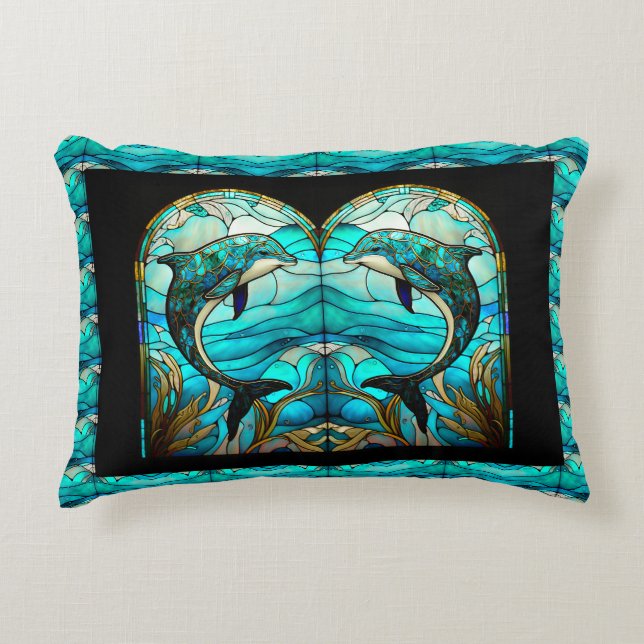 Ocean Beach House Blue Dolphin Faux Stained Glass  Accent Pillow (Front)