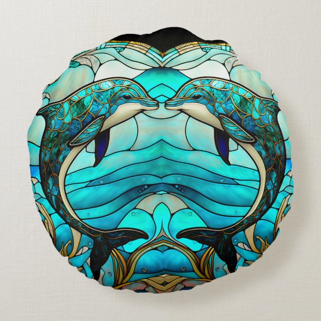 Ocean Beach House Blue Dolphin Faux Stained Glass  Round Pillow (Back)