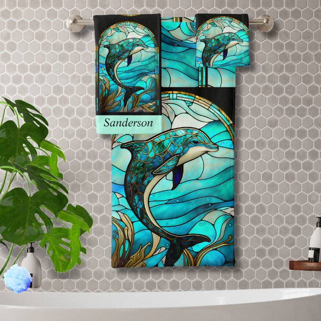 Ocean Beach House Blue Dolphin Faux Verre Tiré (Créateur téléchargé)