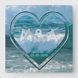 Ocean, Beach Life Wedding Couple Initials and Date Square Wall Clock