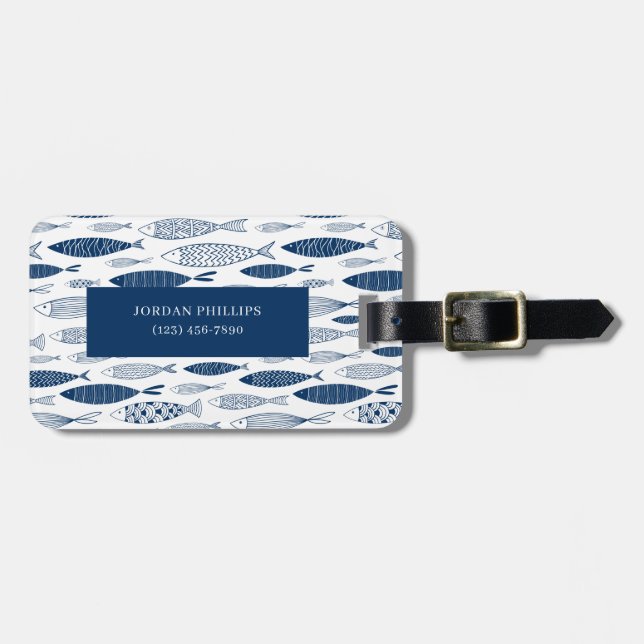 Ocean Beach Nautical Fish Pattern Luggage Tag (Front Horizontal)