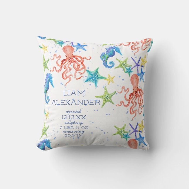 Ocean Beach Octopus Seahorse Boy Baby Birth Stat Throw Pillow (Front)