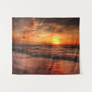 Ocean Beach Orange Sunset Wall Tapestry