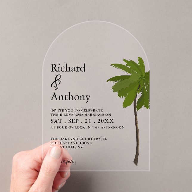 Ocean Beach Palm Tree Wedding Acrylic Invitations (Insitu (Handheld))