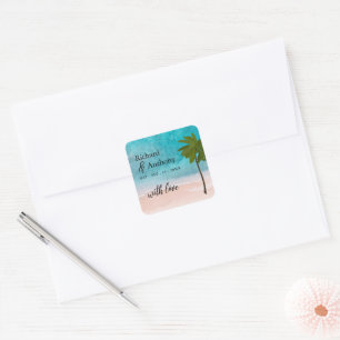 Ocean Beach Palm Tree Wedding Favor Square Sticker