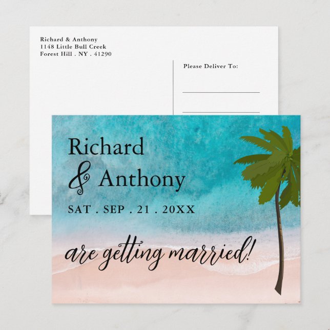 Ocean Beach Palm Tree Wedding Save The Date Announcement Postcard (Front/Back)