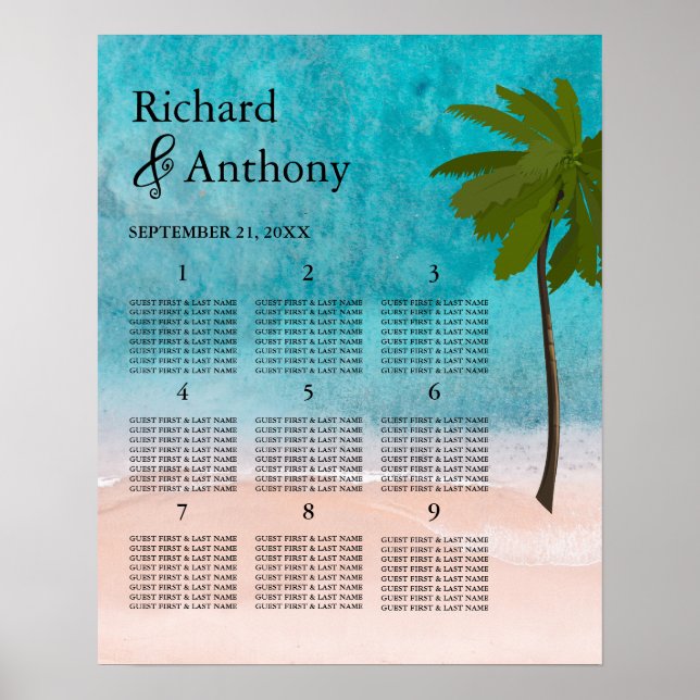 Ocean Beach Palm Tree Wedding Table Plan Poster (Front)
