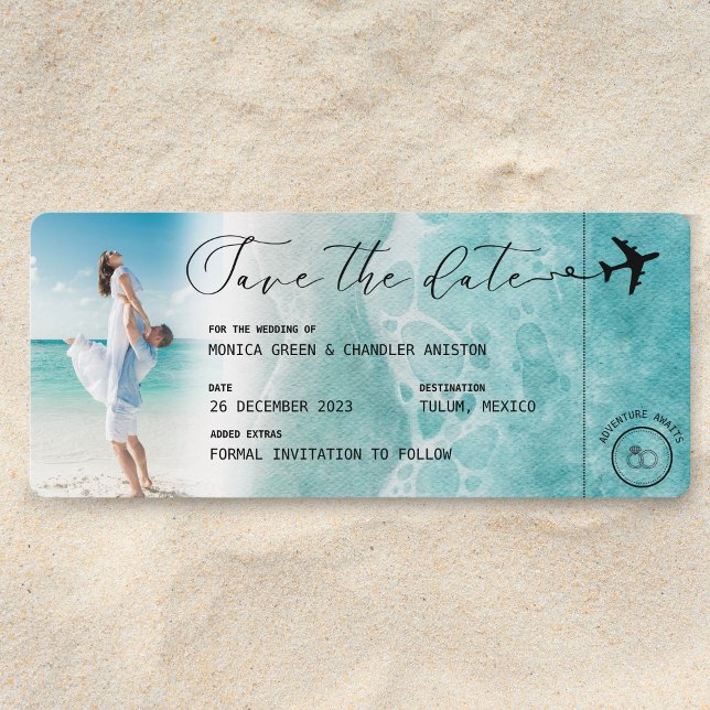 Ocean Beach Photo Boarding Pass Save The Date (Save the Date Boarding Pass Ocean Beach)