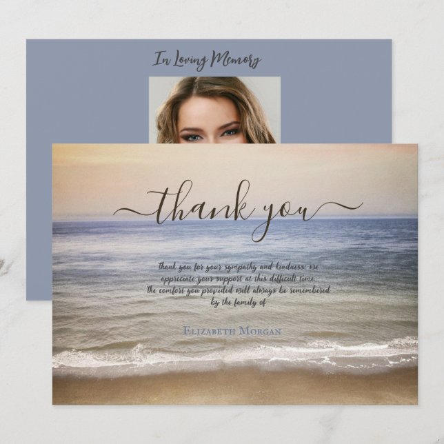 Ocean Beach Photo Celebration Of Life  Thank You Card (Front/Back)