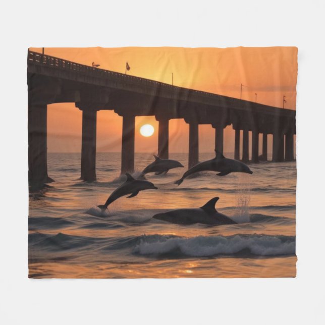 Ocean Beach Pier - Beach Sunset Dolphins  Fleece Blanket (Front (Horizontal))