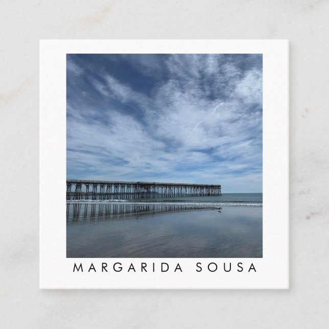 Ocean Beach Pier Blue Photo Travel Tourism Square Business Card (Front)