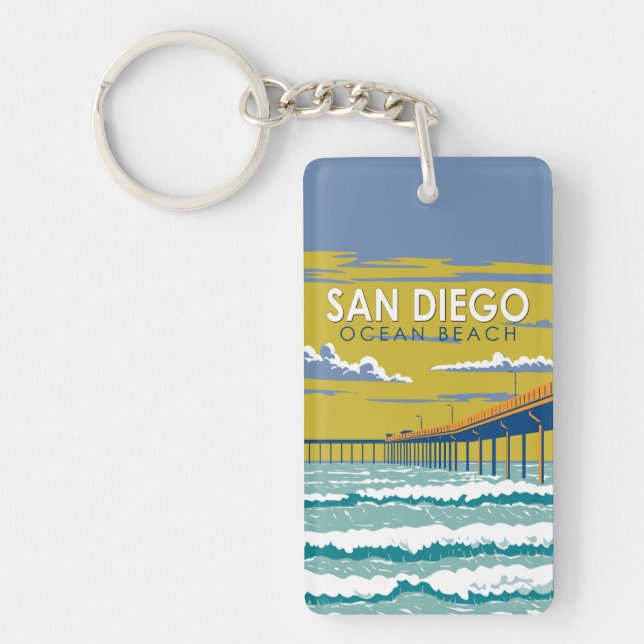 Ocean Beach San Diego Travel Art Vintage Keychain (Front)