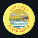 Ocean Beach San Diego Travel Art Vintage Magnet<br><div class="desc">Ocean Beach San Diego in a vector art style. Surfers and sunbathers fill the namesake beach,  while Ocean Beach Pier is a popular local fishing spot with sweeping views.</div>
