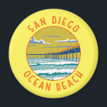 Ocean Beach San Diego Travel Art Vintage Magnet<br><div class="desc">Ocean Beach San Diego in a vector art style. Surfers and sunbathers fill the namesake beach,  while Ocean Beach Pier is a popular local fishing spot with sweeping views.</div>