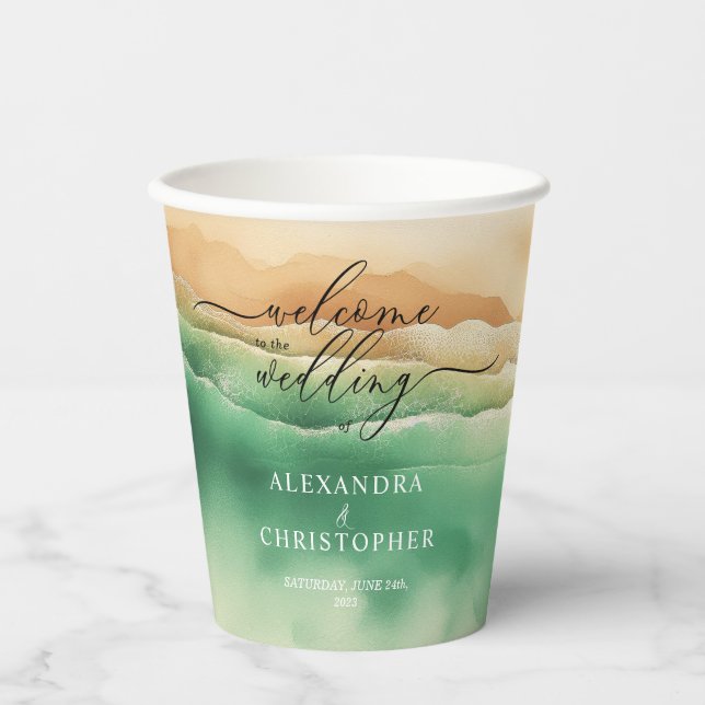 Ocean Beach Sand Signature Boho Newly Weds Party Paper Cups (Front)