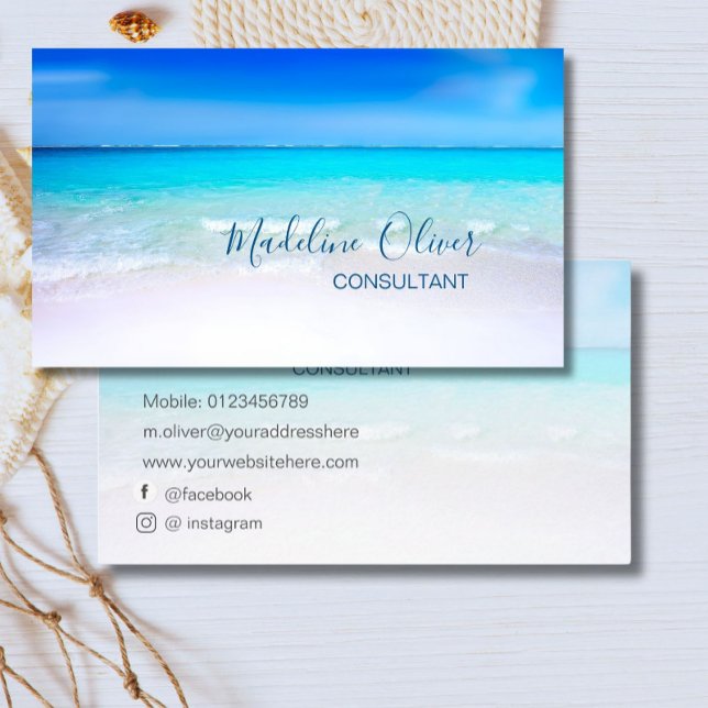 Ocean Beach Sea Social Media Travel Aqua Blue  Business Card (Creator Uploaded)