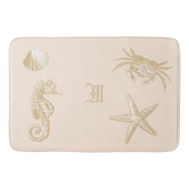 Ocean Beach Seahorse Starfish Crab Shell Monogram Bath Mat (Front)