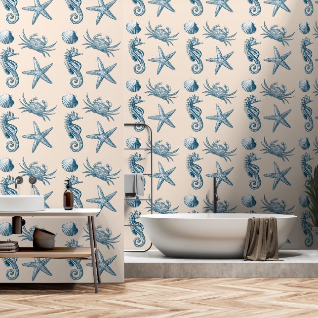 Ocean Beach Seahorse Starfish Crab & Shell Pattern Wallpaper (Bathroom)