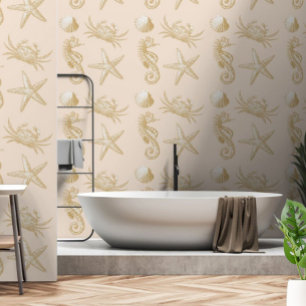 Ocean Beach Seahorse Starfish Crab & Shell Pattern Wallpaper