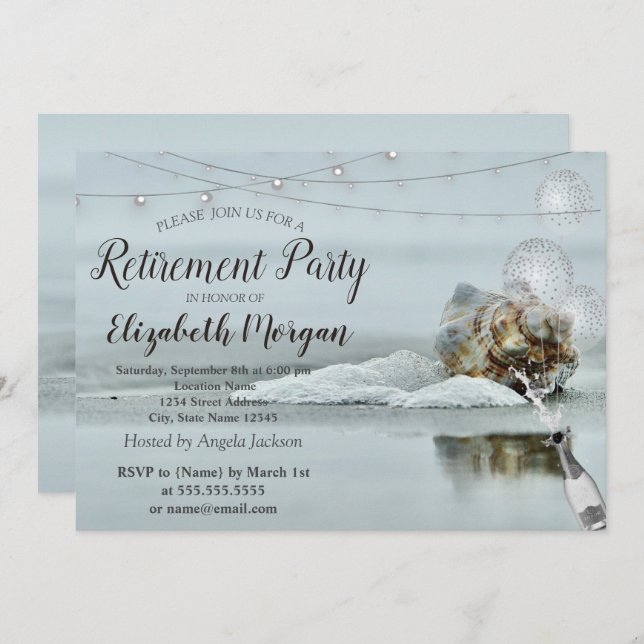Ocean Beach Seashell,Balloons,Wine Retirement Invitation (Front/Back)
