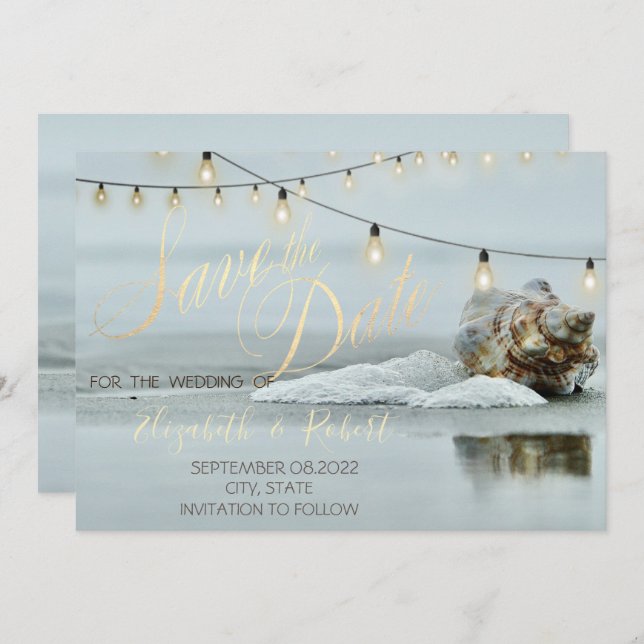 Ocean Beach Seashell String Light  Save The Date (Front/Back)
