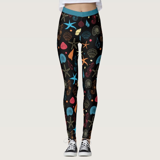 Ocean Beach Seashells Starfish Seahorse Yoga Leggings (Front)