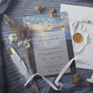 Ocean Beach Seaside String Lights QR Code Wedding Invitation