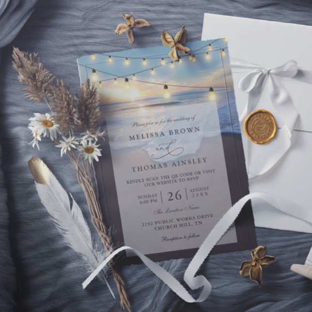 Ocean Beach Seaside String Lights QR Code Wedding Invitation (Creator Uploaded)