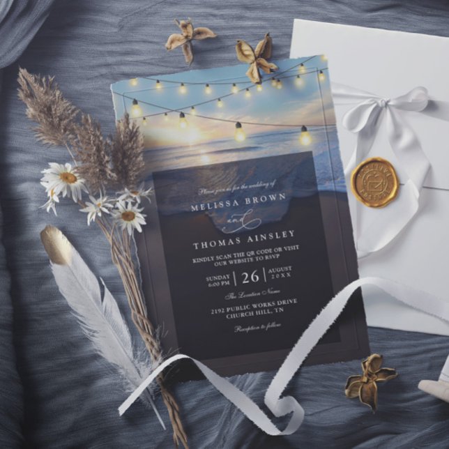 Ocean Beach Seaside String Lights QR Code Wedding Invitation (Creator Uploaded)