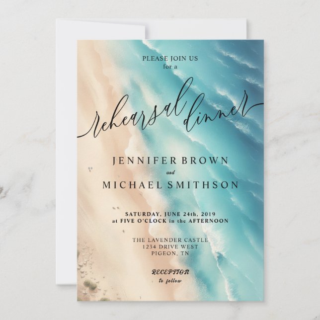Ocean Beach Summer Watercolor Wedding Dinner Invitation (Front)