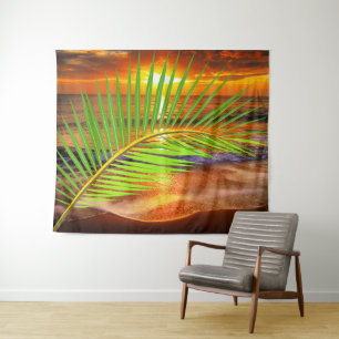 Ocean Beach & Sunset with Palm Leaf - Modern Sea Tapestry