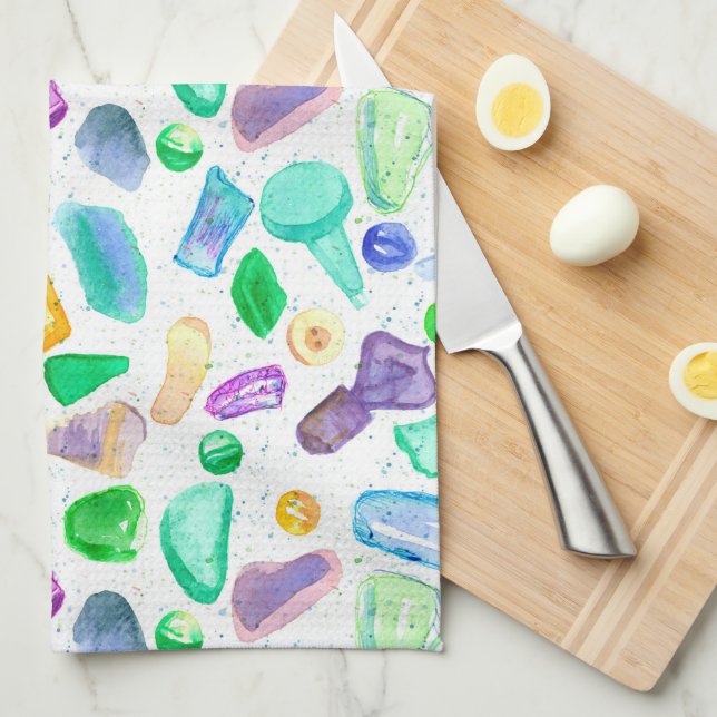 Ocean Beach Treasures Sea Glass Marbles Buttons Kitchen Towel (Quarter Fold)