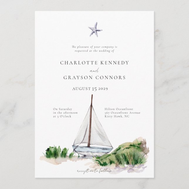 Ocean Beach Watercolor Coastal Wedding Invitation  (Front)