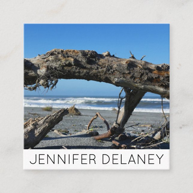 Ocean Beach Waves Driftwood Nature Photo Travel Square Business Card (Front)