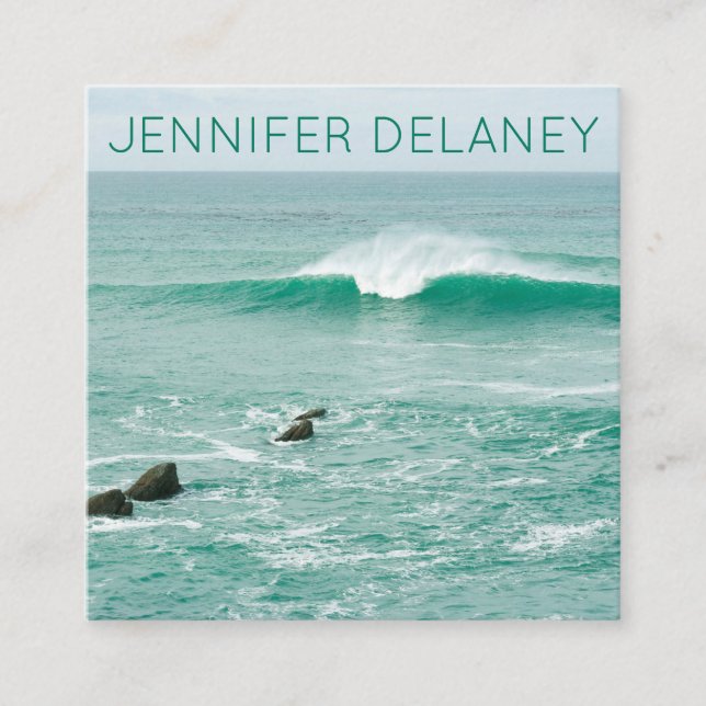 Ocean Beach Waves Sea Green Photo Travel Square Business Card (Front)
