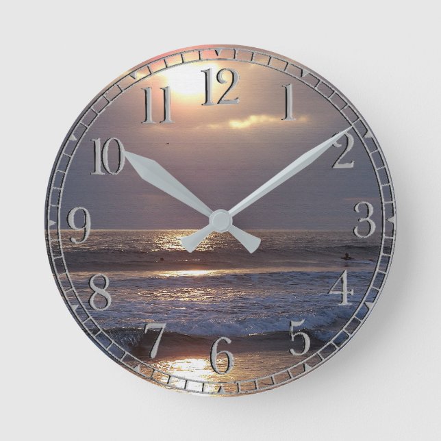 Ocean Beach Waves Surfer Sunset Wall Clock (Front)