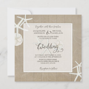 Ocean Beach Wedding Starfish Wood Damask Rustic Invitation