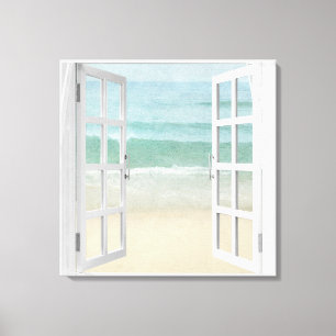 Ocean Beach Window Watercolor Canvas Print