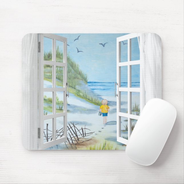 Ocean Beach Window Watercolor Mouse Pad (With Mouse)