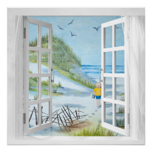 Ocean Beach Window Watercolor Poster