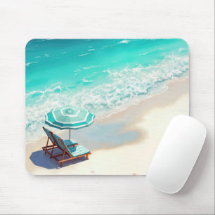 Ocean Beach With Chaise Lounge and Umbrella Mouse Pad